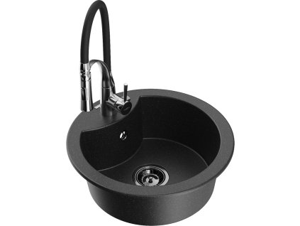 Granitový drez Mexen Diego s 1 misou a kuchynskou batériou Aster, čierna/strieborná metalíza - 6512-73-73450-07-B