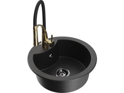 Granitový drez Mexen Diego s 1 misou a kuchynskou batériou Aster, čierna/strieborná metalíza - 6512-73-73450-57-B