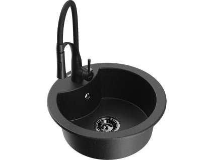 Granitový drez Mexen Diego s 1 misou a kuchynskou batériou Aster, čierna/strieborná metalíza - 6512-73-73450-70-B