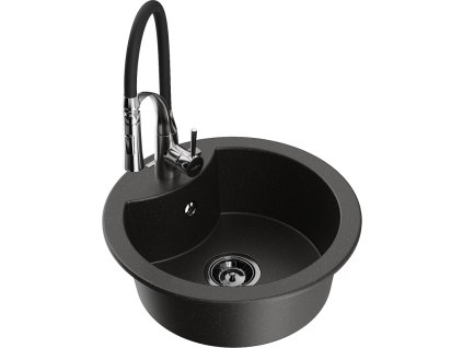 Granitový drez Mexen Diego s 1 misou a kuchynskou batériou Aster, čierna/zlatá metalíza - 6512-75-73450-07-B