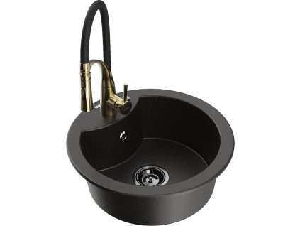 Granitový drez Mexen Diego s 1 misou a kuchynskou batériou Aster, čierna/zlatá metalíza - 6512-75-73450-57-B