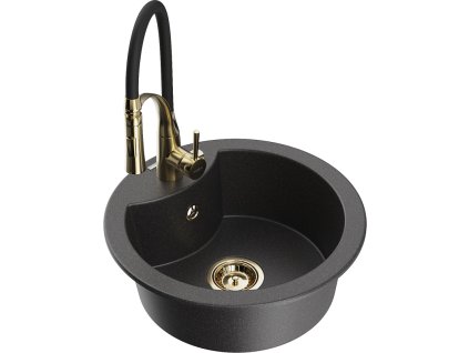 Granitový drez Mexen Diego s 1 misou a kuchynskou batériou Aster, čierna škvrnitá - 6512-76-73450-57-G