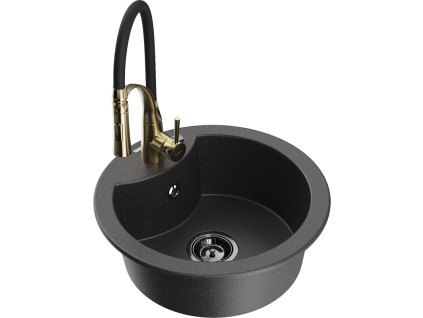 Granitový drez Mexen Diego s 1 misou a kuchynskou batériou Aster, čierna škvrnitá - 6512-76-73450-57-B