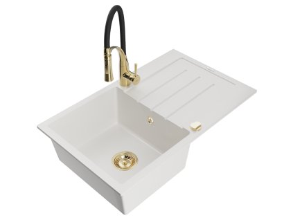 Granitový drez Mexen Bruno s 1 misou, odkapávačom a batériou Aster, biely - 6513-20-73450-57-G