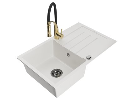 Granitový drez Mexen Bruno s 1 misou, odkapávačom a batériou Aster, biely - 6513-20-73450-57-B