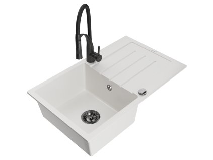 Granitový drez Mexen Bruno s 1 misou, odkapávačom a batériou Aster, biely - 6513-20-73450-70-B