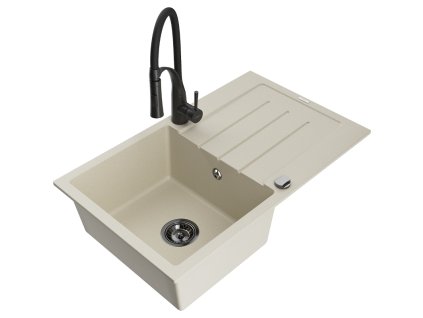 Granitový drez Mexen Bruno s 1 misou, odkapávačom a batériou Aster, béžový - 6513-69-73450-70-B