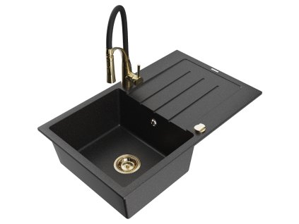 Granitový drez Mexen Bruno s 1 misou, odkapávačom a batériou Aster, čierna/strieborná metalíza - 6513-73-73450-57-G