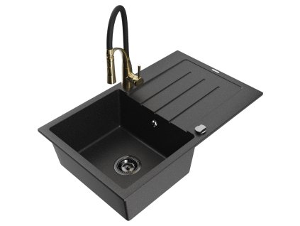 Granitový drez Mexen Bruno s 1 misou, odkapávačom a batériou Aster, čierna/strieborná metalíza - 6513-73-73450-57-B