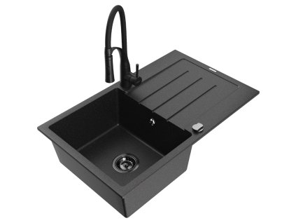 Granitový drez Mexen Bruno s 1 misou, odkapávačom a batériou Aster, čierna/strieborná metalíza - 6513-73-73450-70-B