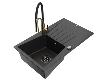 Granitový drez Mexen Cesar s 1 misou, odkapávačom a batériou Aster, čierna/strieborná metalíza - 6514-73-73450-57-B