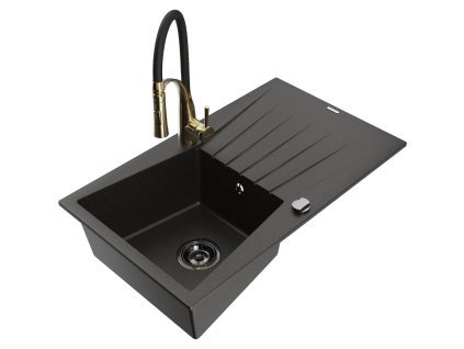 Granitový drez Mexen Cesar s 1 misou, odkvapkávačom a batériou Aster, čierna/zlatá metalíza - 6514-75-73450-57-B
