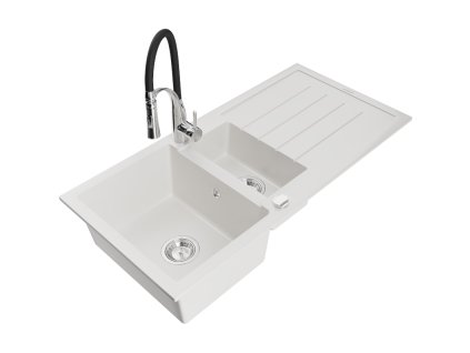 Granitový drez Mexen Andres s 1,5 misky, odkapávačom a kuchynskou batériou Aster, biely - 6515-20-73450-07