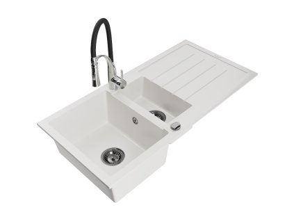 Granitový drez Mexen Andres s 1,5 misy, odkapávačom a kuchynskou batériou Aster, biely - 6515-20-73450-07-B