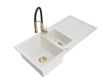 Granitový drez Mexen Andres s 1,5 misy, odkapávačom a kuchynskou batériou Aster, biely - 6515-20-73450-57-G