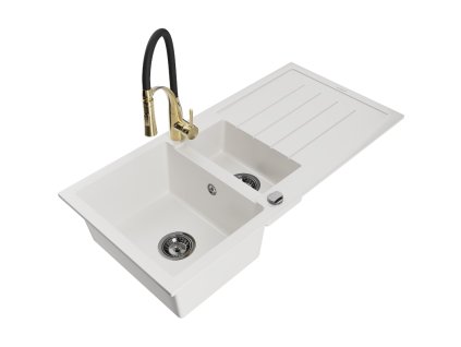 Granitový drez Mexen Andres s 1,5 misy, odkapávačom a kuchynskou batériou Aster, biely - 6515-20-73450-57-B