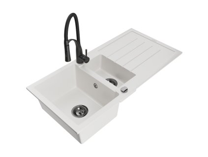 Granitový drez Mexen Andres s 1,5 misky, odkapávačom a kuchynskou batériou Aster, biely - 6515-20-73450-70-B