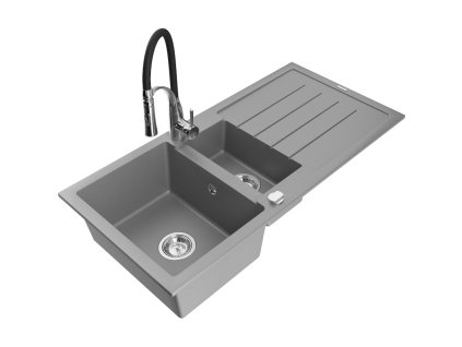 Granitový drez Mexen Andres s 1,5 misy, odkapávačom a kuchynskou batériou Aster, sivý - 6515-71-73450-07