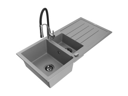 Granitový drez Mexen Andres s 1,5 misy, odkapávačom a kuchynskou batériou Aster, sivý - 6515-71-73450-07-B