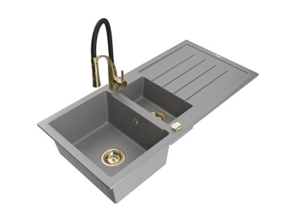 Granitový drez Mexen Andres s 1,5 misy, odkapávačom a kuchynskou batériou Aster, sivý - 6515-71-73450-57-G