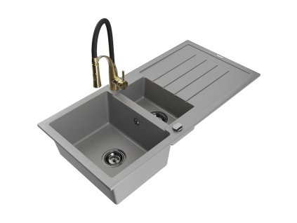 Granitový drez Mexen Andres s 1,5 misy, odkapávačom a kuchynskou batériou Aster, sivý - 6515-71-73450-57-B