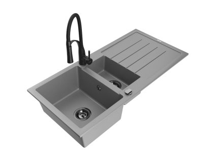 Granitový drez Mexen Andres s 1,5 misy, odkapávačom a kuchynskou batériou Aster, sivý - 6515-71-73450-70-B