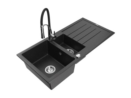 Granitový drez Mexen Andres s 1,5 misy, odkapávačom a kuchynskou batériou Aster, čierna/strieborná metalíza - 6515-73-73450-07