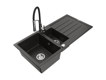 Granitový drez Mexen Andres s 1,5 misy, odkapávačom a kuchynskou batériou Aster, čierna/zlatá metalíza - 6515-75-73450-07