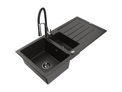 Granitový drez Mexen Andres s 1,5 misy, odkapávačom a kuchynskou batériou Aster, čierna/zlatá metalíza - 6515-75-73450-07-B