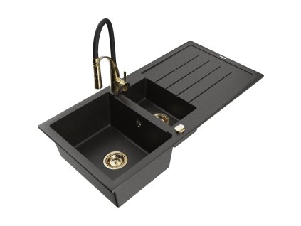 Granitový drez Mexen Andres s 1,5 misky, odkapávačom a kuchynskou batériou Aster, čierna/zlatá metalíza - 6515-75-73450-57-G