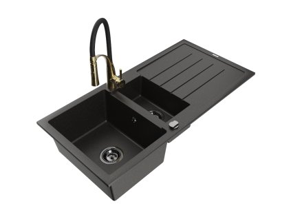 Granitový drez Mexen Andres s 1,5 misy, odkapávačom a kuchynskou batériou Aster, čierna/zlatá metalíza - 6515-75-73450-57-B