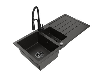 Granitový drez Mexen Andres s 1,5 misky, odkapávačom a kuchynskou batériou Aster, čierna/zlatá metalíza - 6515-75-73450-70-B