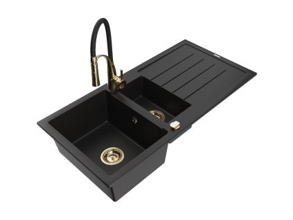 Granitový drez Mexen Andres s 1,5 misy, odkapávačom a kuchynskou batériou Aster, čierny - 6515-77-73450-57-G