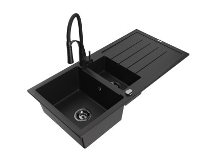 Granitový drez Mexen Andres s 1,5 misy, odkapávačom a kuchynskou batériou Aster, čierny - 6515-77-73450-70-B