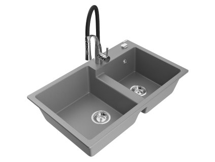 Granitový drez Mexen Tomas s 2 miskami a kuchynskou batériou Aster, sivý - 6516-71-73450-07