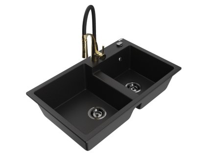 Granitový drez Mexen Tomas s 2 miskami a kuchynskou batériou Aster, čierny - 6516-77-73450-57-B