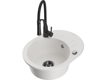 Granitový drez Mexen Kevin s 1 misou, odkapávačom a kuchynskou batériou Aster, biely - 6517-20-73450-70-B