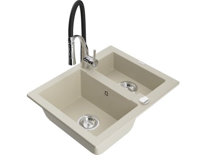 Granitový drez Mexen Carlos s 1,5 miskou a kuchynskou batériou Aster, béžový - 6518-69-73450-07
