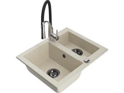 Granitový drez Mexen Carlos s 1,5 miskou a kuchynskou batériou Aster, béžový - 6518-69-73450-07-B