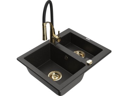 Granitový drez Mexen Carlos s 1,5 miskou a kuchynskou batériou Aster, čierna/zlatá metalíza - 6518-75-73450-57-G