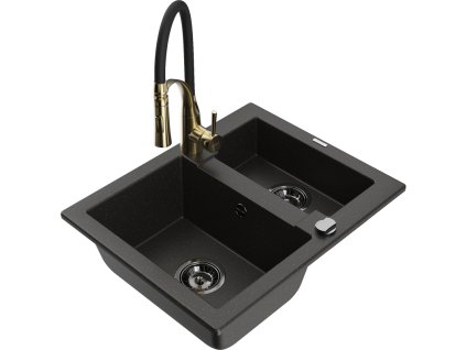 Granitový drez Mexen Carlos s 1,5 miskou a kuchynskou batériou Aster, čierna/zlatá metalíza - 6518-75-73450-57-B
