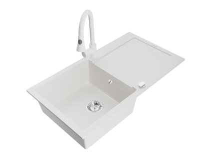 Granitový drez Mexen Leo s 1 misou, odkapávačom a kuchynskou batériou Elia, biely - 6501-20-670101-20