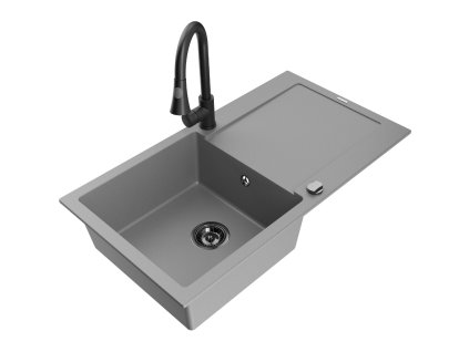 Granitový drez Mexen Leo s 1 misou, odkapávačom a kuchynskou batériou Elia, sivý - 6501-71-670101-70-B