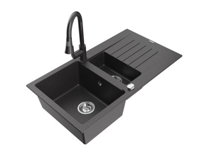 Granitový drez Mexen Matias s 1,5 misy, odkapávačom a kuchynskou batériou Elia, čierny bodkovaný - 6502-76-670101-76