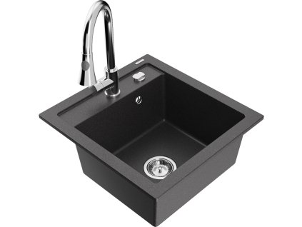 Granitový drez Mexen Vito s 1 misou a kuchynskou batériou Elia, čierna škvrnitá - 6503-76-670101-00