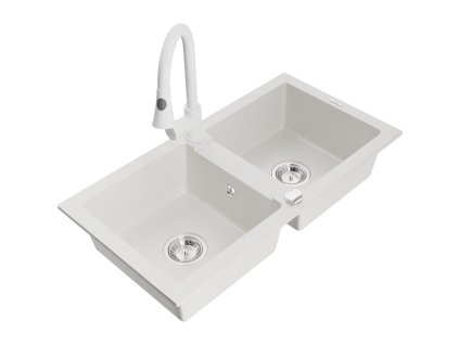 Granitový drez Mexen Mario s 2 misami a kuchynskou batériou Elia, biely - 6504-20-670101-20