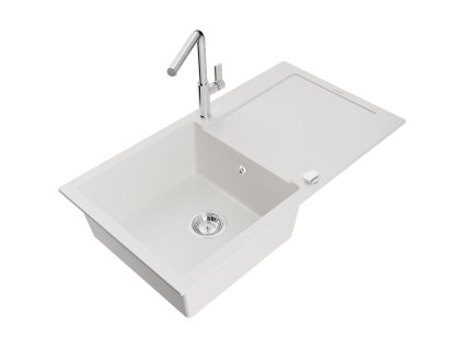 Granitový drez Mexen Leo s 1 misou, odkapávačom a batériou Flora, biely - 6501-20-670401-00