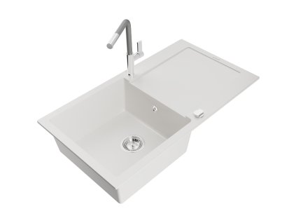 Granitový drez Mexen Leo s 1 misou, odkapávačom a kuchynskou batériou Flora, biely - 6501-20-670401-06