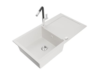 Granitový drez Mexen Leo s 1 misou, odkapávačom a kuchynskou batériou Flora, biely - 6501-20-670401-07