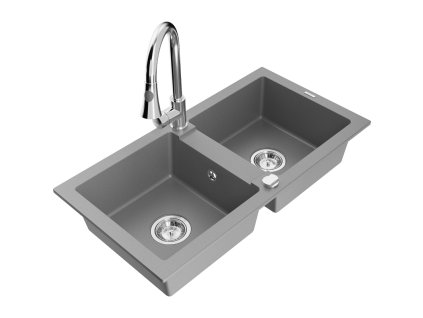 Granitový drez Mexen Mario s 2 misami a kuchynskou batériou Elia, sivý - 6504-71-670101-00